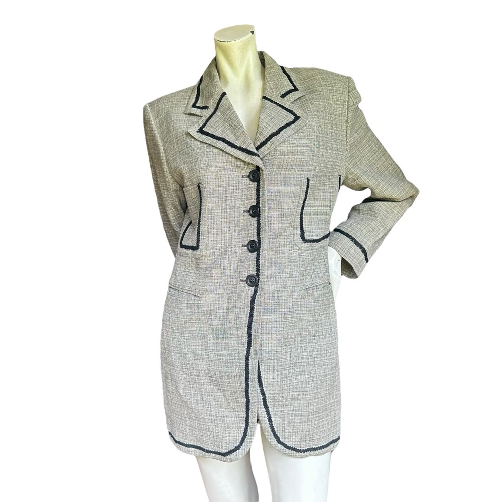 Vintage Byblos Made in Italy Linen Blend Black & Gray Fabric Trim Blazer IT 48